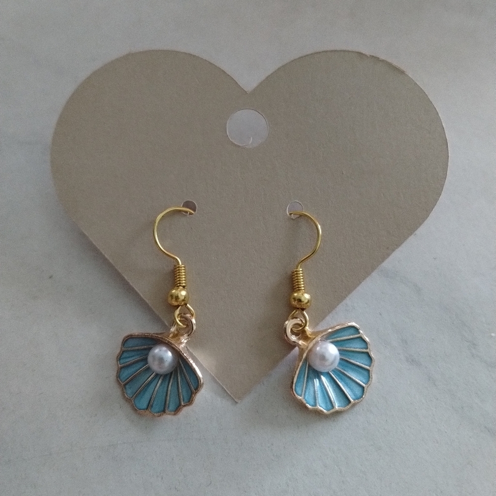 Handmade Gold-Tone Blue Shell Pearl Drop Earrings - Picture 1 of 1